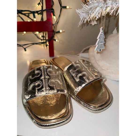 Tory Burch Shoes - Tory Burch Miller Metal Logo Slides Gold Metallic Leather Sandals Women Size 8
